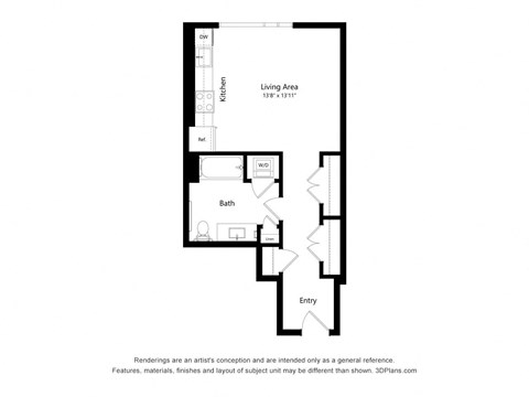 Floor plan for studio, 1 bath, 514 sqft
